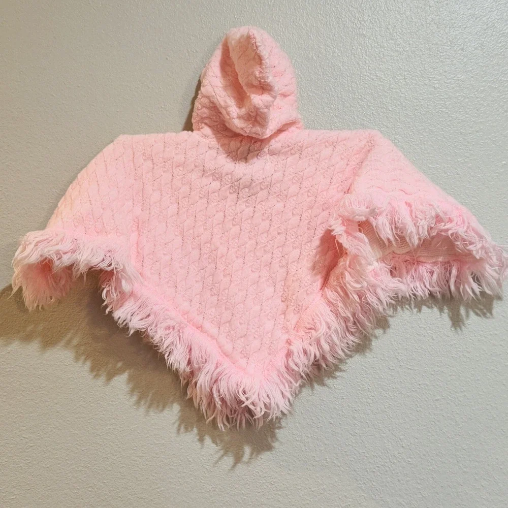 Blue Bird Toddler Pink Sweater Fringed Poncho Cape‎ Vintage 70s